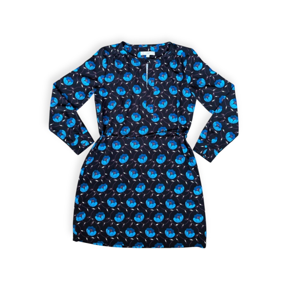 LOFT dress black blue floral sash medium long sleeve - Picture 6 of 11